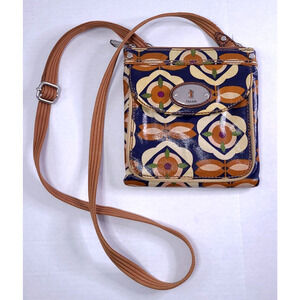 VTG FOSSIL Key-Per Crossbody Purse Floral Coated Painted Canvas Bohemian Small